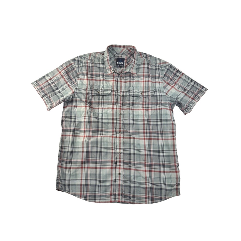 Prana Mens‎ XL Short Sleeve Plaid Button Down Shirt Blue Red Gray Outdoor Hiking